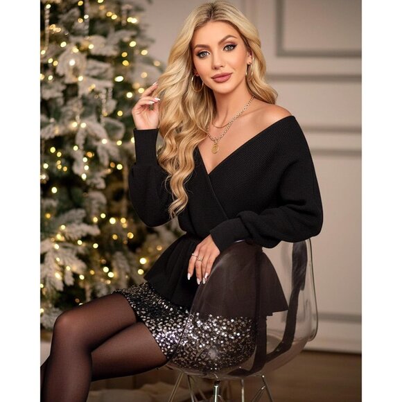 Womens Dressy Black Peplum Sweater Long Sleeve Fall Wrap V Neck Pullover Tops - Picture 3 of 6